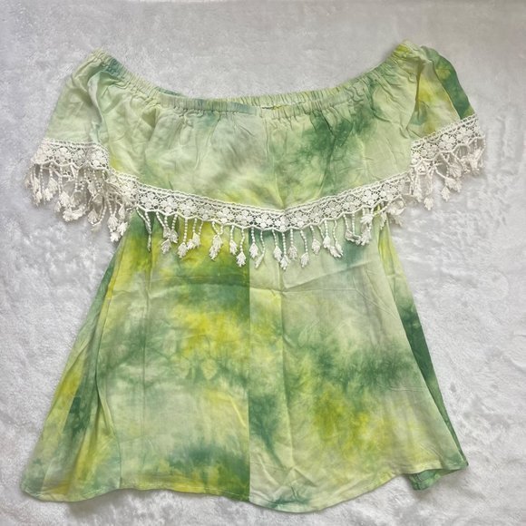 Entro Women's 100% Rayon‎ Green, Yellow Tie Dye Off Shoulder Lace Trim Top L NEW - Picture 2 of 9